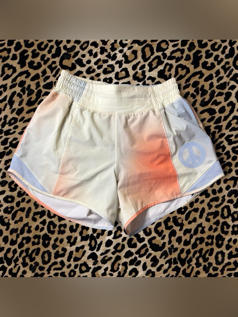 lululemon athletica Cream and Peach Ombre Athletic Shorts with Peace Logo